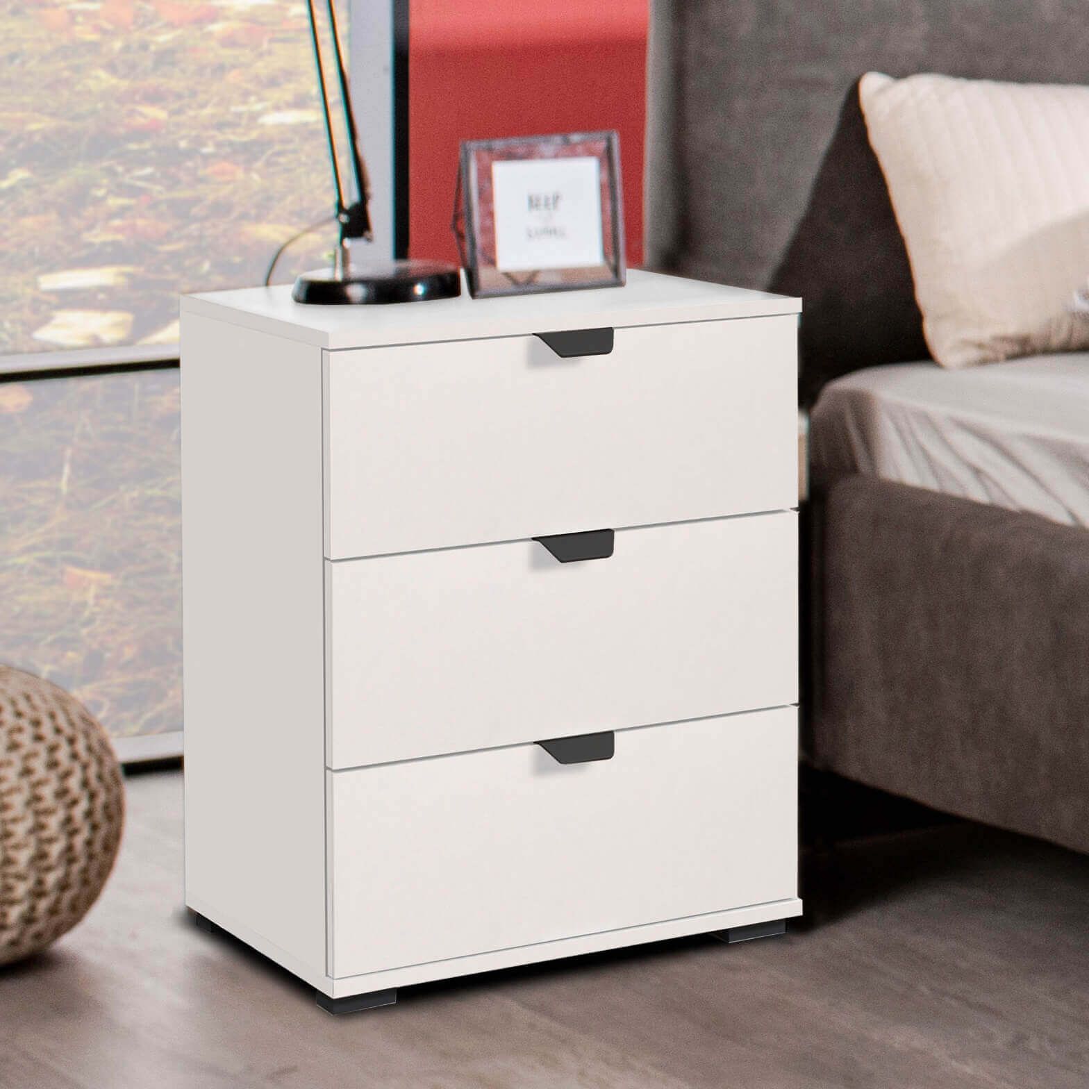 Comodino In Stile Fattoria Con 3 Cassetti E Stazione Di Ricarica USB-A/USB-C, Grigio Grano, Ampio Piano