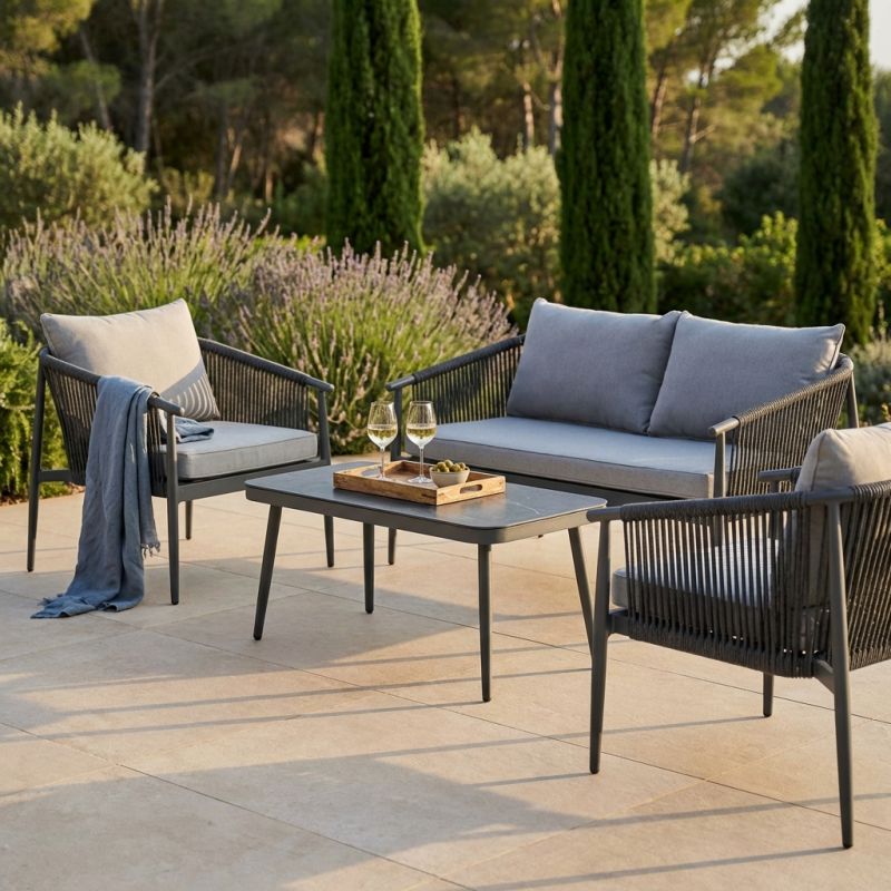 KISHORI - salotto da giardino in alluminio e corda 4 posti