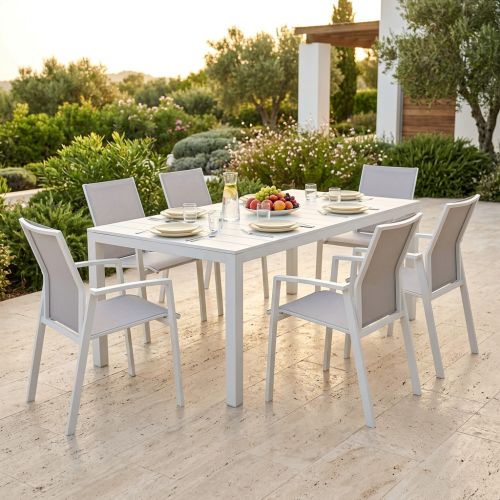 ALASKA - set tavolo in alluminio cm 214/280 x 100 x 75,5 h con 6 poltrone Lotus