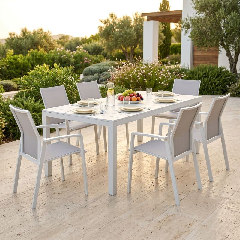 ALASKA - set tavolo in alluminio cm 214/280 x 100 x 75,5 h con 6 poltrone Lotus