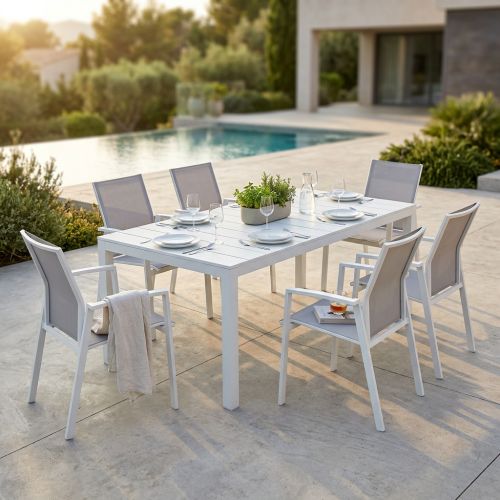 ALASKA - set tavolo in alluminio cm 214/280 x 100 x 75,5 h con 6 poltrone Lotus