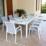 ALASKA - set tavolo in alluminio cm 214/280 x 100 x 75,5 h con 8 poltrone Lotus