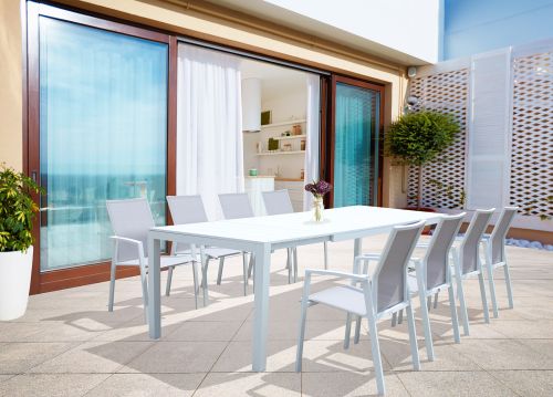 ALASKA - set tavolo in alluminio cm 214/280 x 100 x 75,5 h con 8 poltrone Lotus