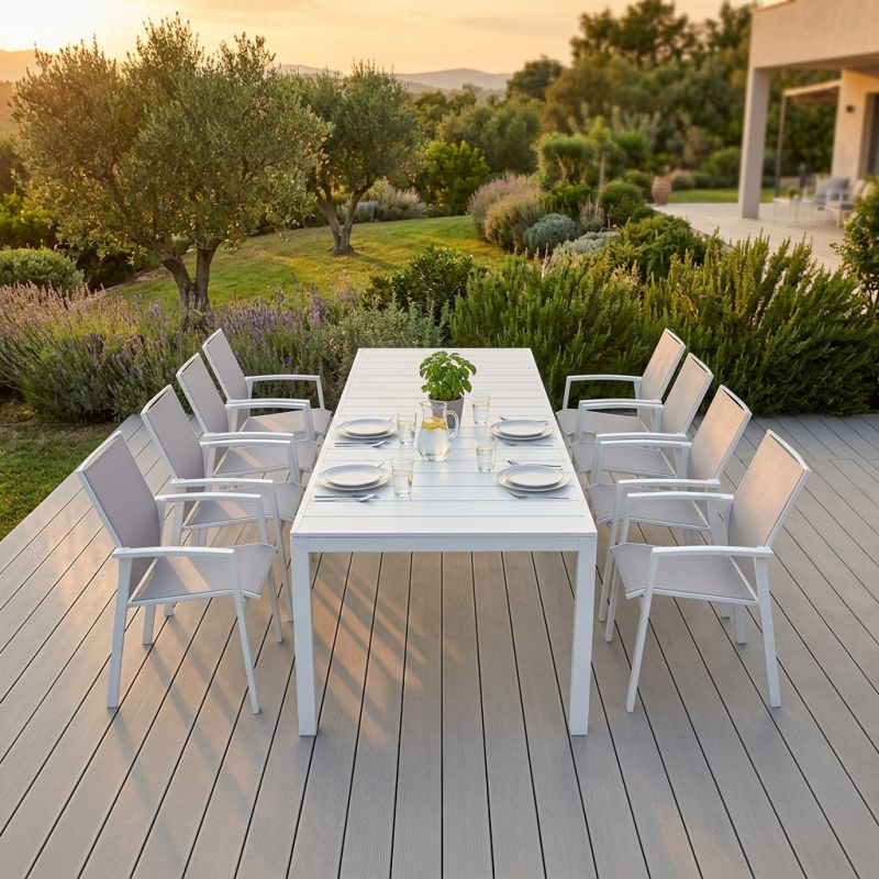 ALASKA - set tavolo in alluminio cm 214/280 x 100 x 75,5 h con 8 poltrone Lotus