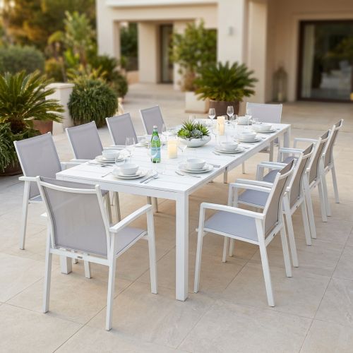 ALASKA - set tavolo in alluminio cm 214/280 x 100 x 75,5 h con 10 poltrone Lotus