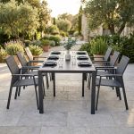 ARIZONA - set tavolo in alluminio cm 100 x 51,50/104/156/208/260 x 74 h con 6 poltrone Lotus