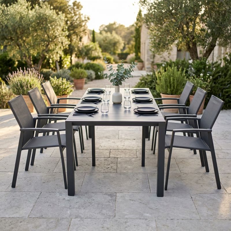 ARIZONA - set tavolo in alluminio cm 100 x 51,50/104/156/208/260 x 74 h con 6 poltrone Lotus