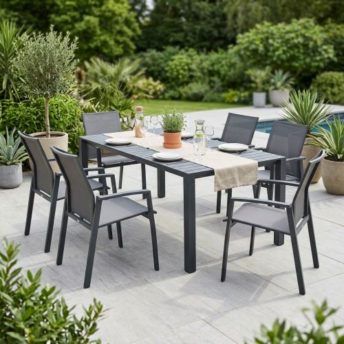 ARIZONA - set tavolo in alluminio cm 100 x 51,50/104/156/208/260 x 74 h con 6 poltrone Lotus