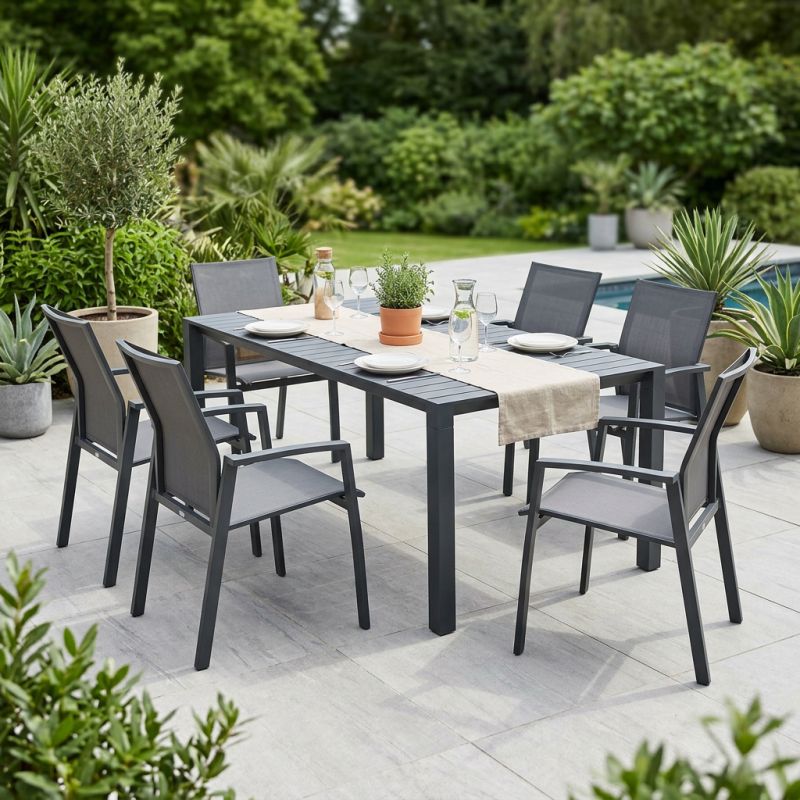 ARIZONA - set tavolo in alluminio cm 100 x 51,50/104/156/208/260 x 74 h con 6 poltrone Lotus