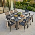 ARIZONA - set tavolo in alluminio cm 100 x 51,50/104/156/208/260 x 74 h con 8 poltrone Lotus