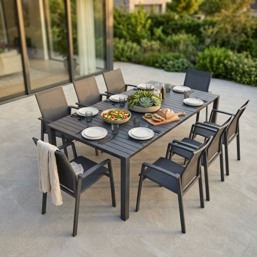 ARIZONA - set tavolo in alluminio cm 100 x 51,50/104/156/208/260 x 74 h con 8 poltrone Lotus