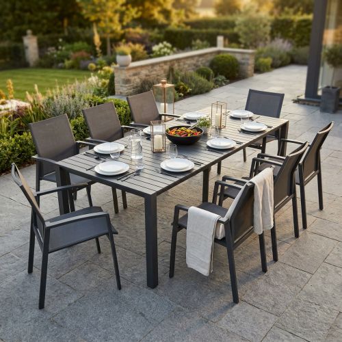 ARIZONA - set tavolo in alluminio cm 100 x 51,50/104/156/208/260 x 74 h con 8 poltrone Lotus