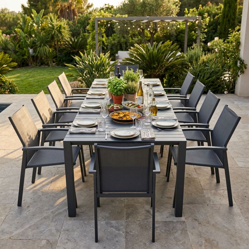 ARIZONA - set tavolo in alluminio cm 100 x 51,50/104/156/208/260 x 74 h con 10 poltrone Lotus