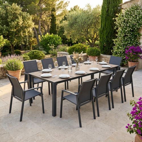 ARIZONA - set tavolo in alluminio cm 100 x 51,50/104/156/208/260 x 74 h con 10 poltrone Lotus