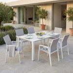 ARIZONA - set tavolo in alluminio cm 100 x 51,50/104/156/208/260 x 74 h con 6 poltrone Lotus