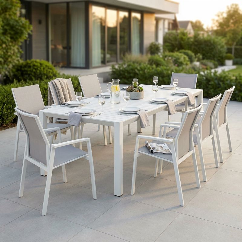 ARIZONA - set tavolo in alluminio cm 100 x 51,50/104/156/208/260 x 74 h con 8 poltrone Lotus