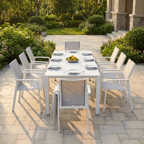 ARIZONA - set tavolo in alluminio cm 100 x 51,50/104/156/208/260 x 74 h con 8 poltrone Lotus