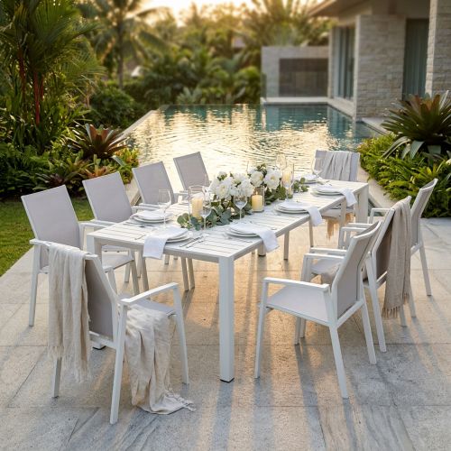 ARIZONA - set tavolo in alluminio cm 100 x 51,50/104/156/208/260 x 74 h con 10 poltrone Lotus