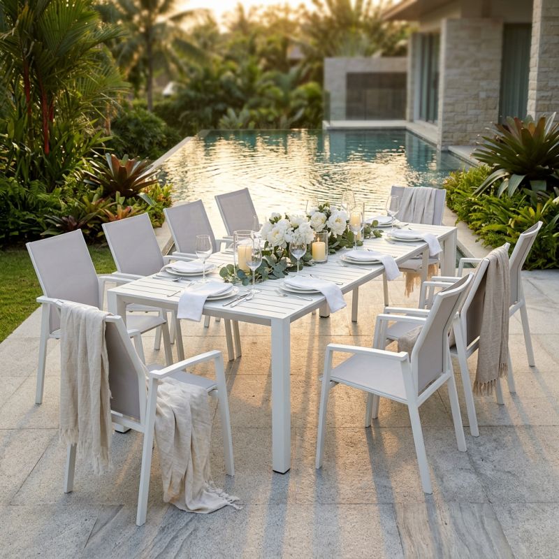 ARIZONA - set tavolo in alluminio cm 100 x 51,50/104/156/208/260 x 74 h con 10 poltrone Lotus