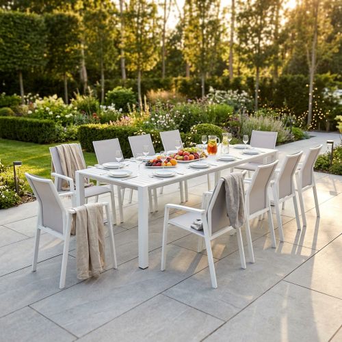 ARIZONA - set tavolo in alluminio cm 100 x 51,50/104/156/208/260 x 74 h con 10 poltrone Lotus