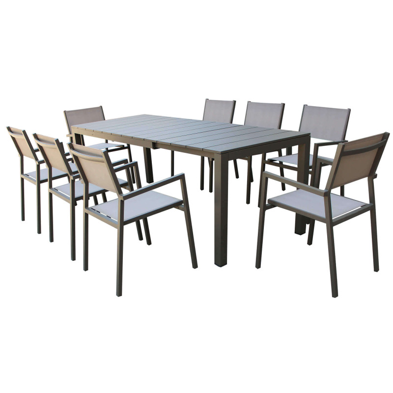 ALASKA - set tavolo in alluminio cm 148/214 x 85 x 75,5 h con 8 poltrone Aulus