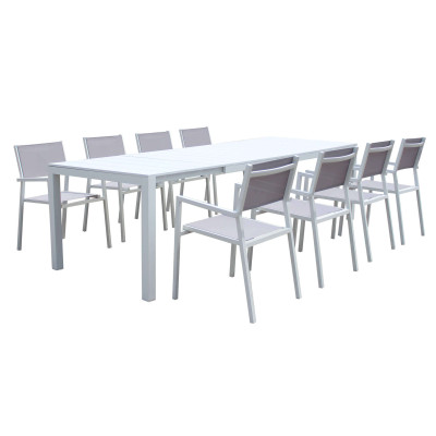 ALASKA - set tavolo in alluminio cm 214/280 x 100 x 75,5 h con 8 poltrone Aulus