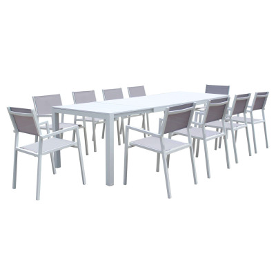 ALASKA - set tavolo in alluminio cm 214/280 x 100 x 75,5 h con 10 poltrone Aulus