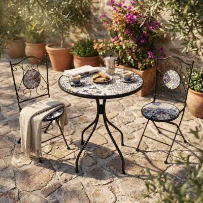 COIMBRA - set due sedie pieghevoli e tavolo rotondo con decori