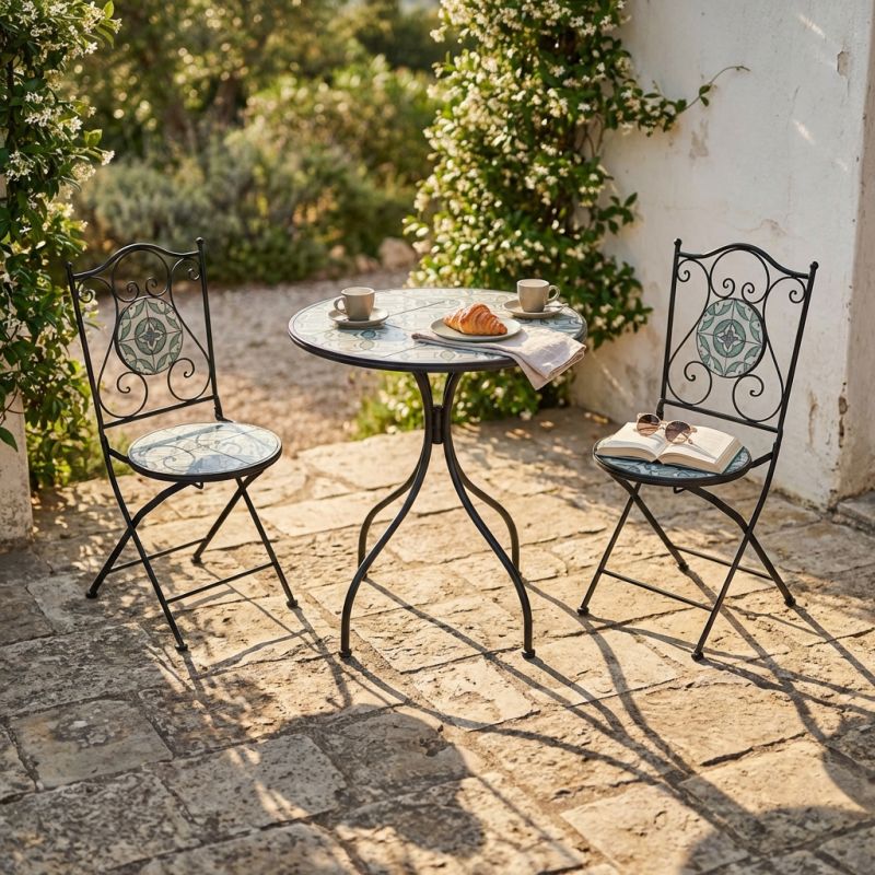 TAVIRA - set due sedie pieghevoli e tavolo rotondo con decori