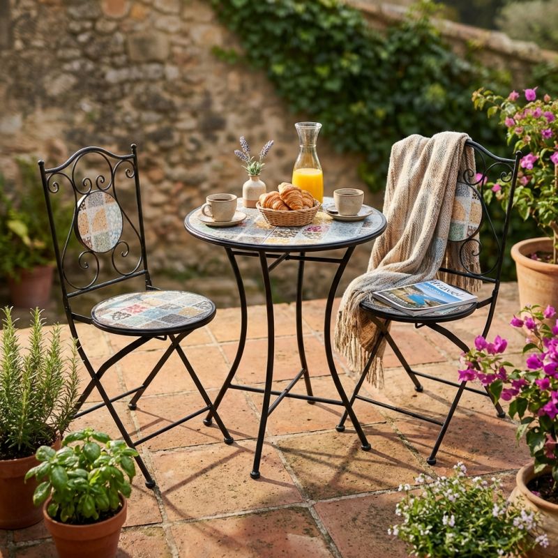 SILVES - set due sedie pieghevoli e tavolo rotondo con decori