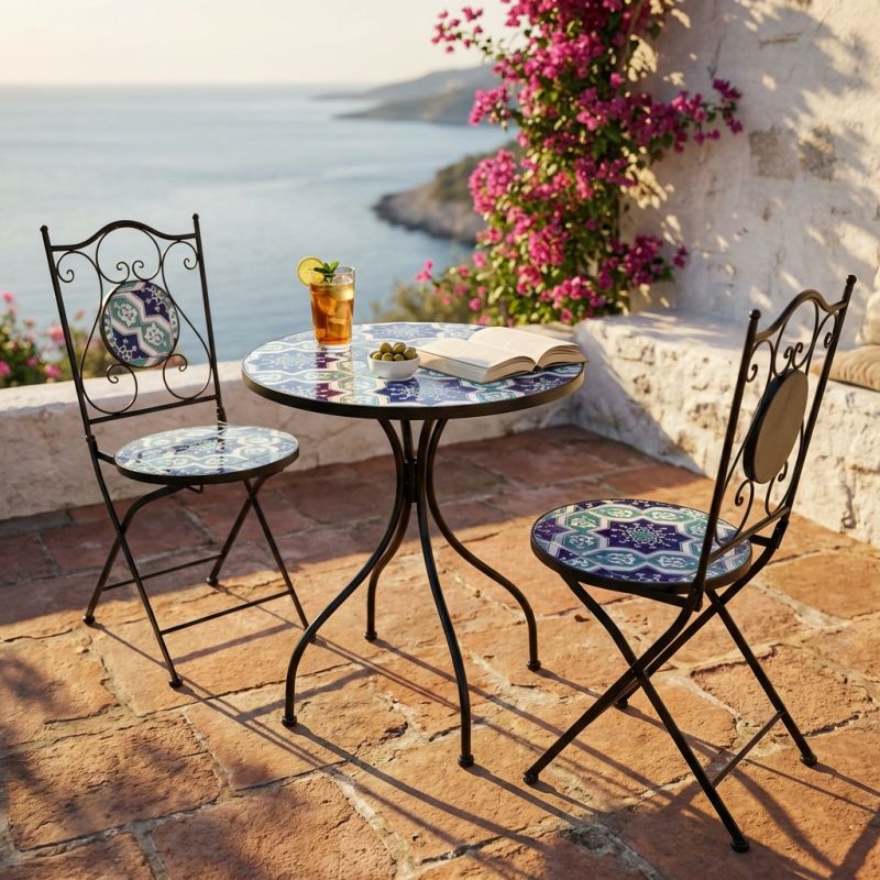 PICASSO - set due sedie pieghevoli e tavolo rotondo con decori