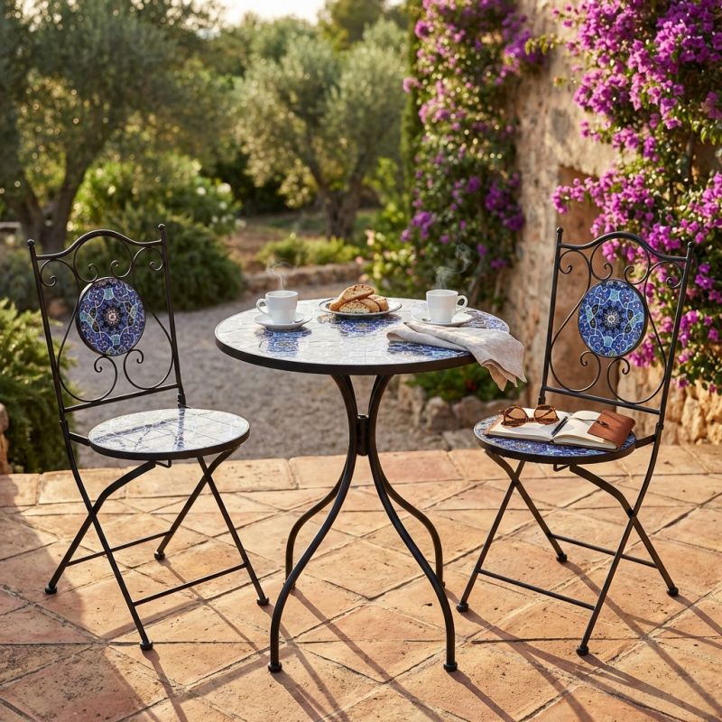 LAGOS - set due sedie pieghevoli e tavolo rotondo con decori