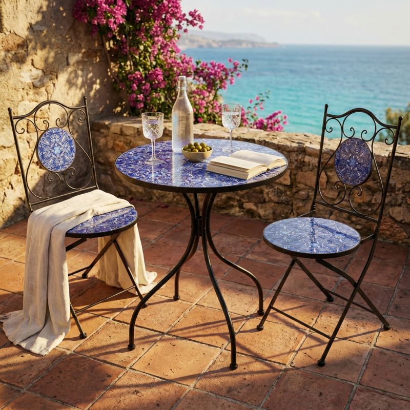 AVEIRO - set due sedie pieghevoli e tavolo rotondo con decori