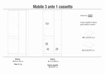 SPACER - armadio compatto con tre ante e un cassetto