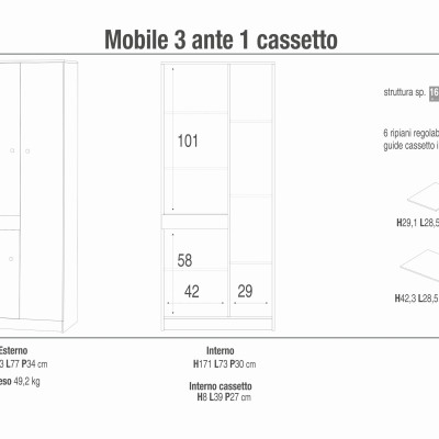 SPACER - armadio compatto con tre ante e un cassetto