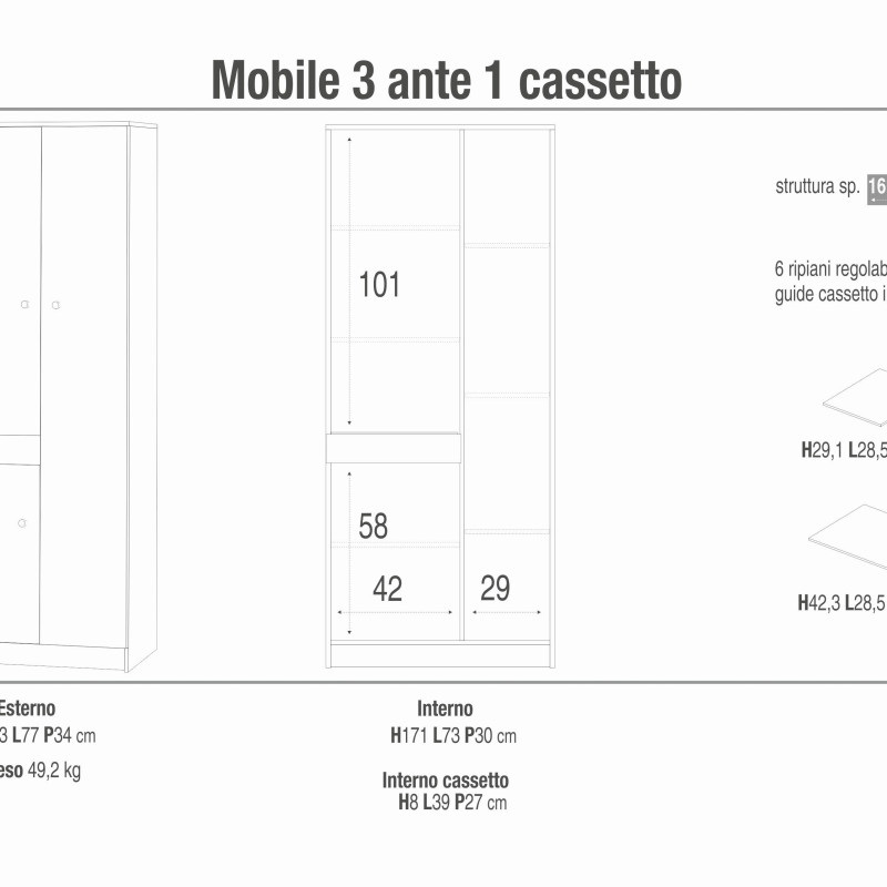 SPACER - armadio compatto con tre ante e un cassetto