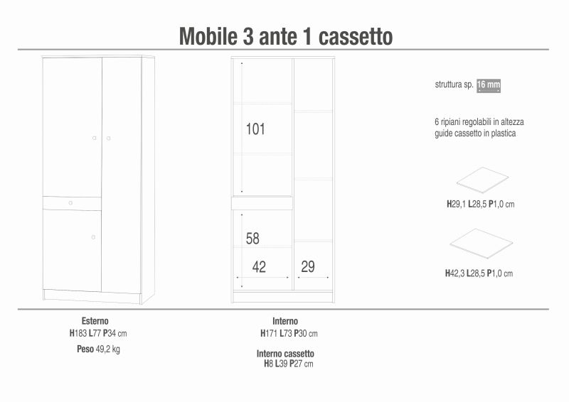 SPACER - armadio compatto con tre ante e un cassetto
