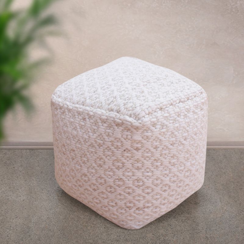 TRAVIS - pouf in lana avorio con decoro 40 x 40