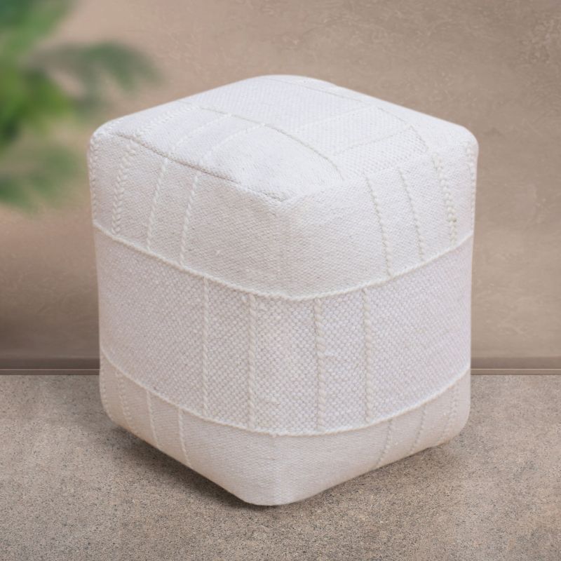 ORSON - pouf in lana avorio con decoro 40 x 40