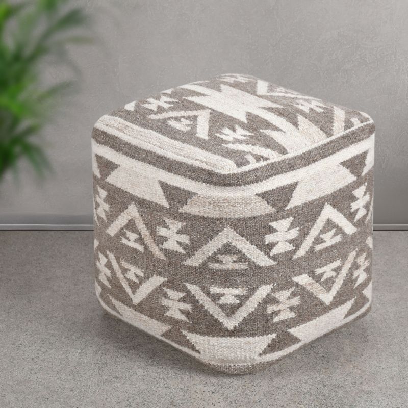 AXEL - pouf in lana avorio con decoro 40 x 40