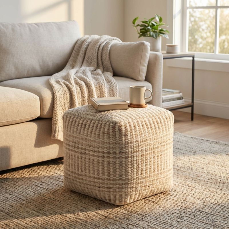 BORIS - pouf in lana avorio con decoro 40 x 40