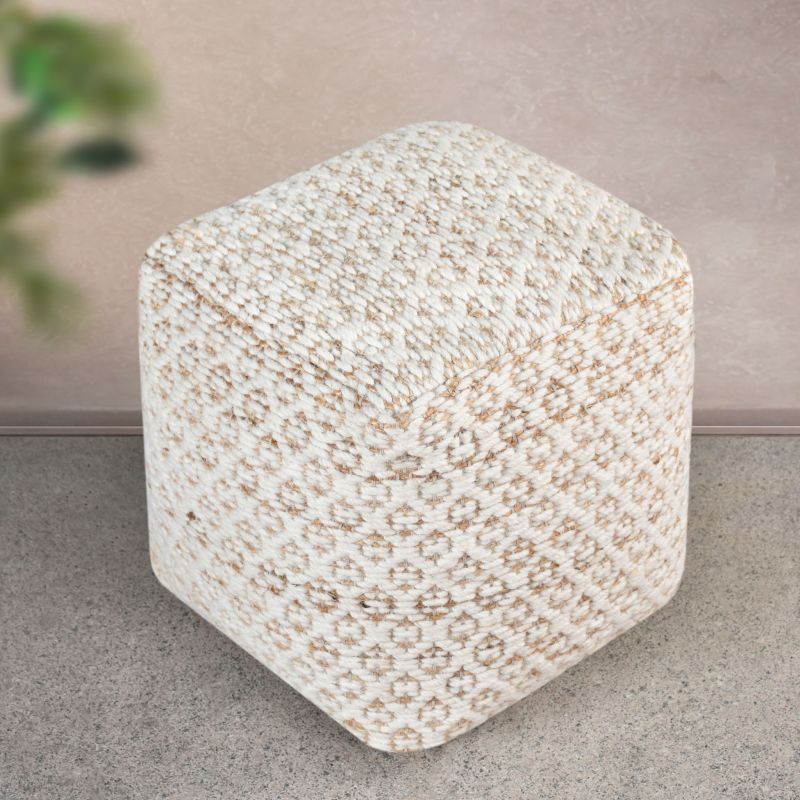 EWAN - pouf in lana avorio con decoro 40 x 40