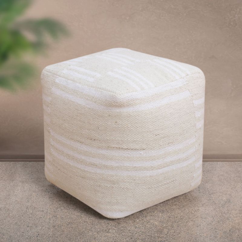 MIRANDA - pouf in lana avorio con decoro 40 x 40