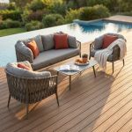 BACHATA - salotto con struttura in alluminio verniciato taupe o bianca, rivestimento in corda in pvc