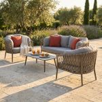 BACHATA - salotto con struttura in alluminio verniciato taupe o bianca, rivestimento in corda in pvc