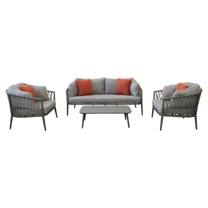 BACHATA - salotto con struttura in alluminio verniciato taupe o bianca, rivestimento in corda in pvc