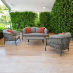 BACHATA - salotto con struttura in alluminio verniciato taupe o bianca, rivestimento in corda in pvc