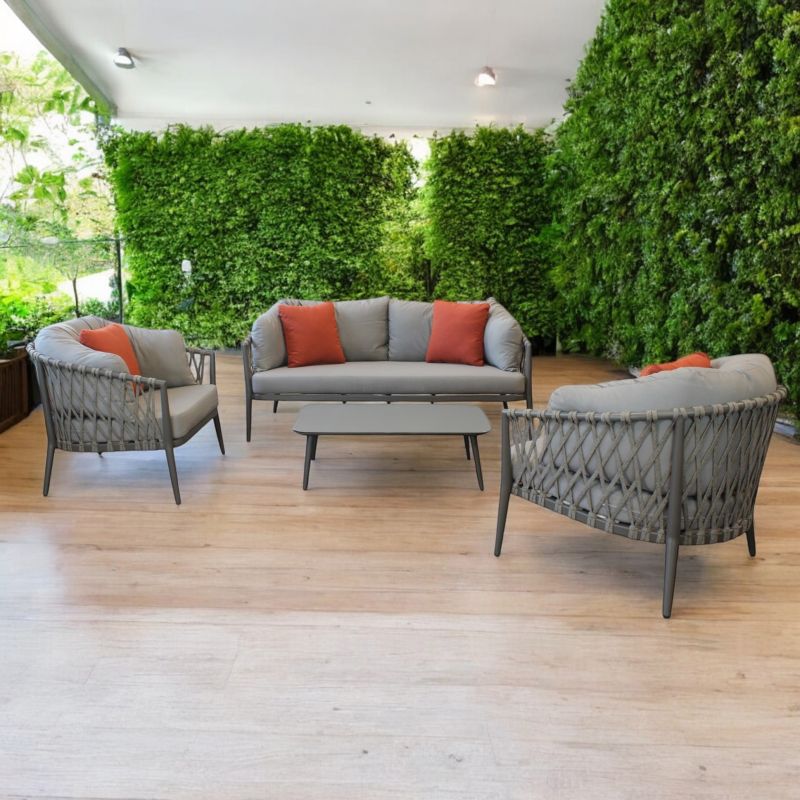 BACHATA - salotto con struttura in alluminio verniciato taupe o bianca, rivestimento in corda in pvc