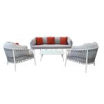 BACHATA - salotto con struttura in alluminio verniciato taupe o bianca, rivestimento in corda in pvc
