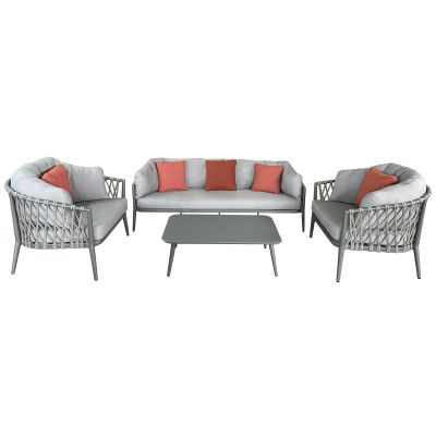 BACHATA - salotto con struttura in alluminio verniciato taupe o bianca, rivestimento in corda in pvc